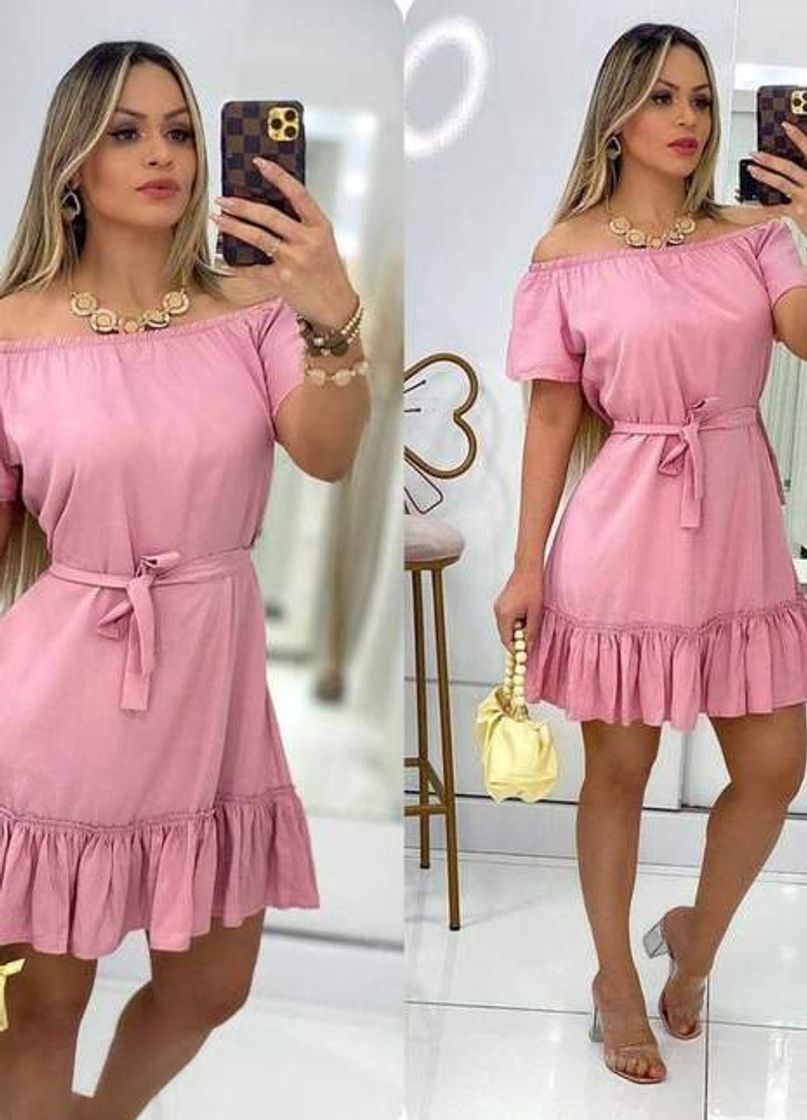 Fashion Vestido babado ciganinha laço soltinho, cor Rosa