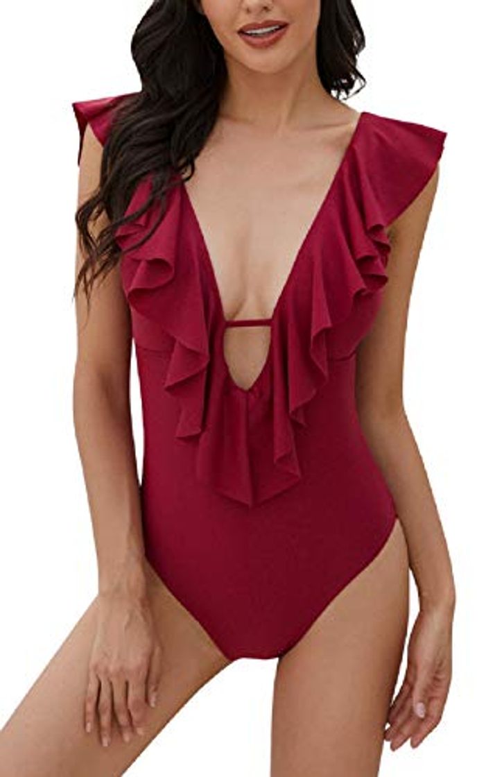 Moda UMIPUBO Trajes de Baño Una Pieza Bañador Alta Cintura Push Up Trajes de Brasileño Conjunto de Bikini para Mujer Volante Cuello en V Fruncido Bikini Sets Bikini Natacion