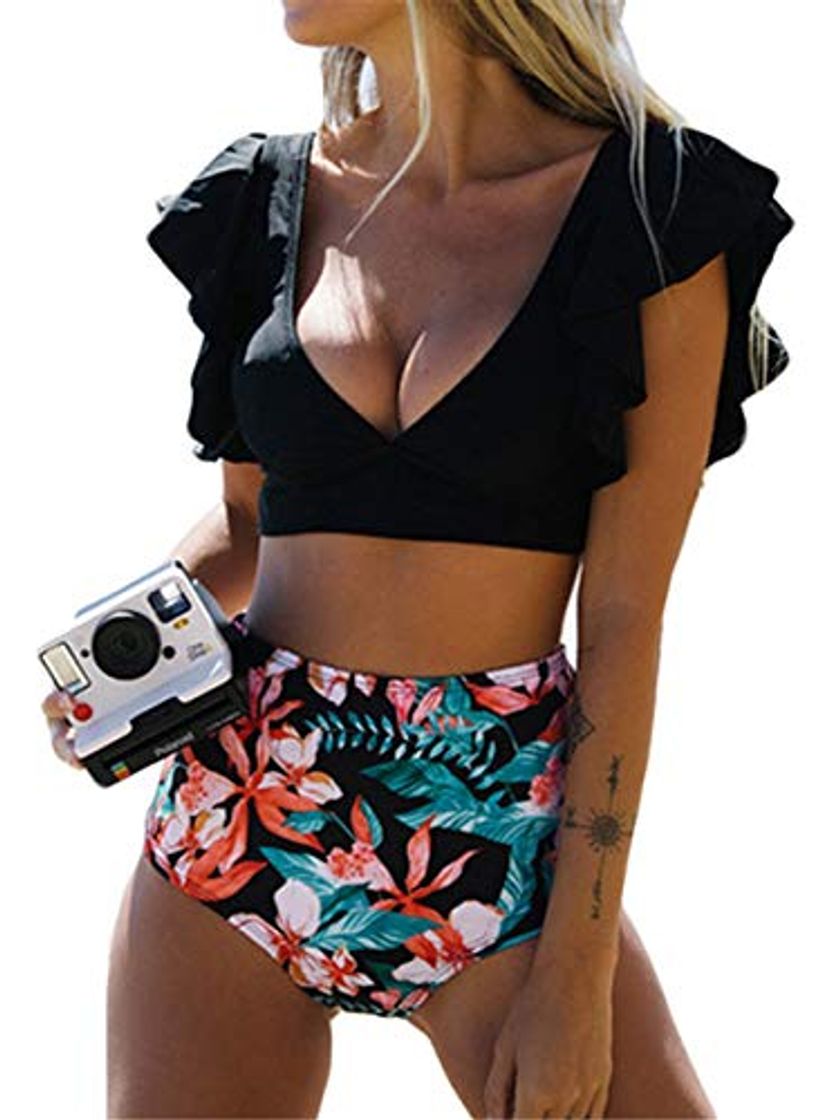 Social Yutdeng Conjunto de Bikini Mujeres Retro Cintura Alta Trajes de Baño Mujer Playa Ropa de Baño Clásico Sexy de Flores Push up Bikini Volante Fruncido Verde