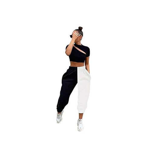 XiuLi Pantalones de chándal Mujer Hip Hop Vintage Pantalones a Cuadros de Dos Tonos Joggers con Bolsillos Leggins Largos Chica para Baile Correr Fitness Yoga Pantalones de chándal