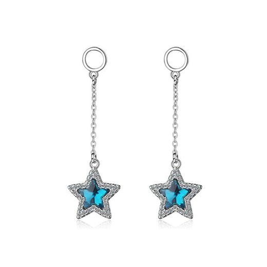 HUGJOU Pendientes con Borlas Largas De Estrella De Circonio Azul Cristalino 925 Pendientes De Plata Esterlina para Mujeres