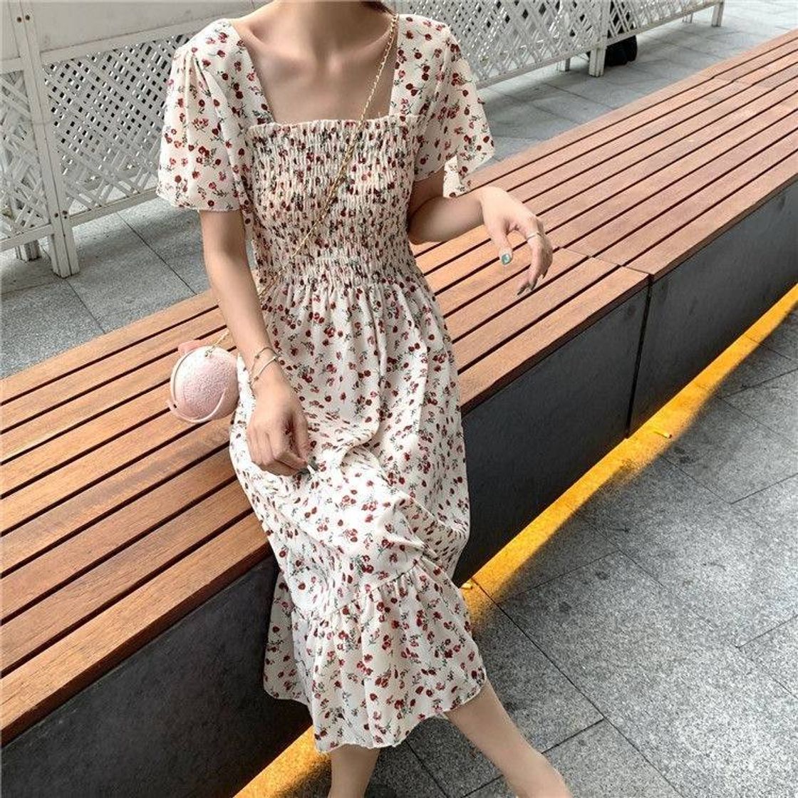 Fashion Vestido De Chiffon Floral Francês Cintura Elástica Com Manga