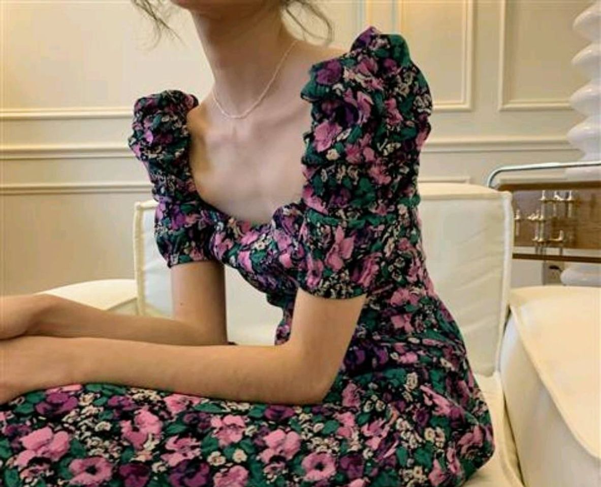 Fashion Vestido Feminino Francês Retro Floral Manga Bufante