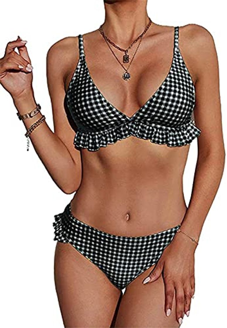 Producto CheChury Conjunto de Bikini con Relleno Push Up Triangular Tartán Sexy Retro Brasileños Mujer Traje De Baño Bikini Mujer Dos Piezas Tartán Cuello Halter Volante Volantes Acolchado Bra Push up