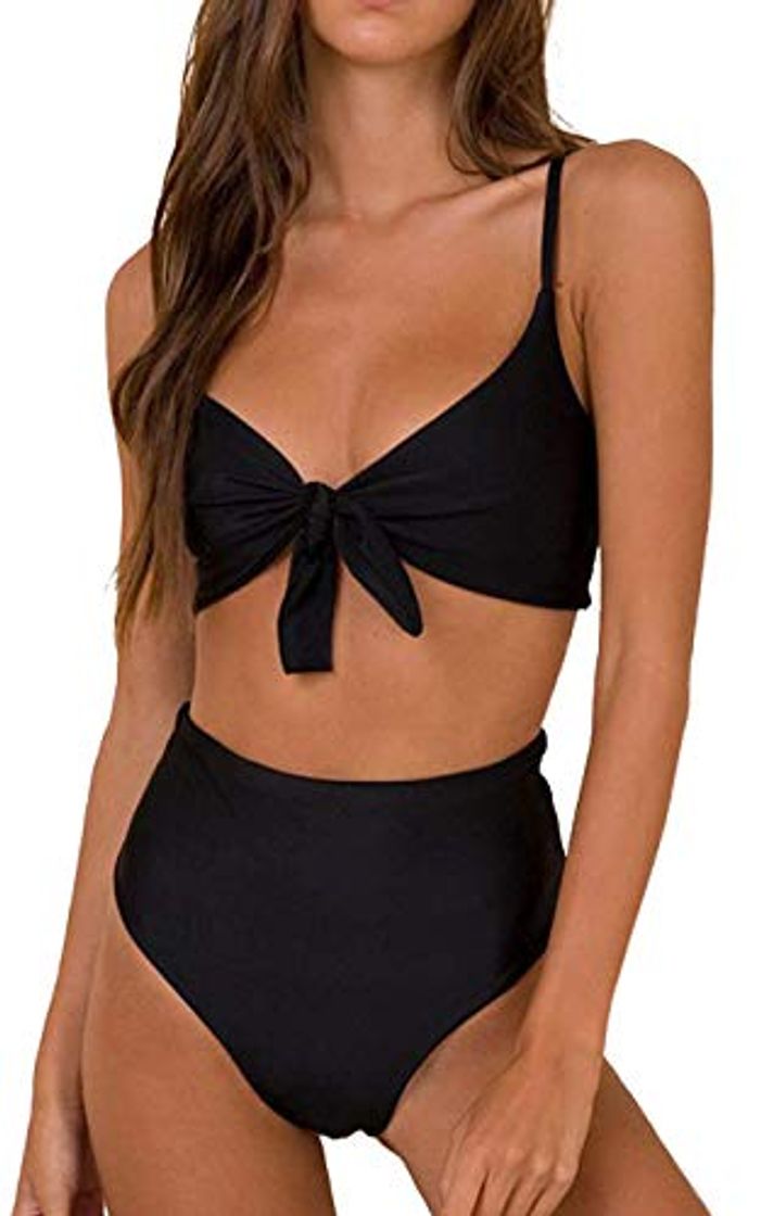 Fashion Conjunto de Bikini de Cintura Alta para Mujer Traje de Baño de Dos Piezas Traje de Baño de Nudo de Corbata de Guinga