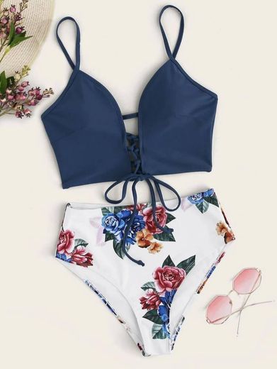 Floral Tie Front High Waisted Swimsuit 🌸
