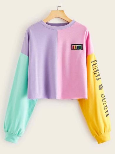 Colorblock Lantern Sleeve Crop Sweatshirt 👕