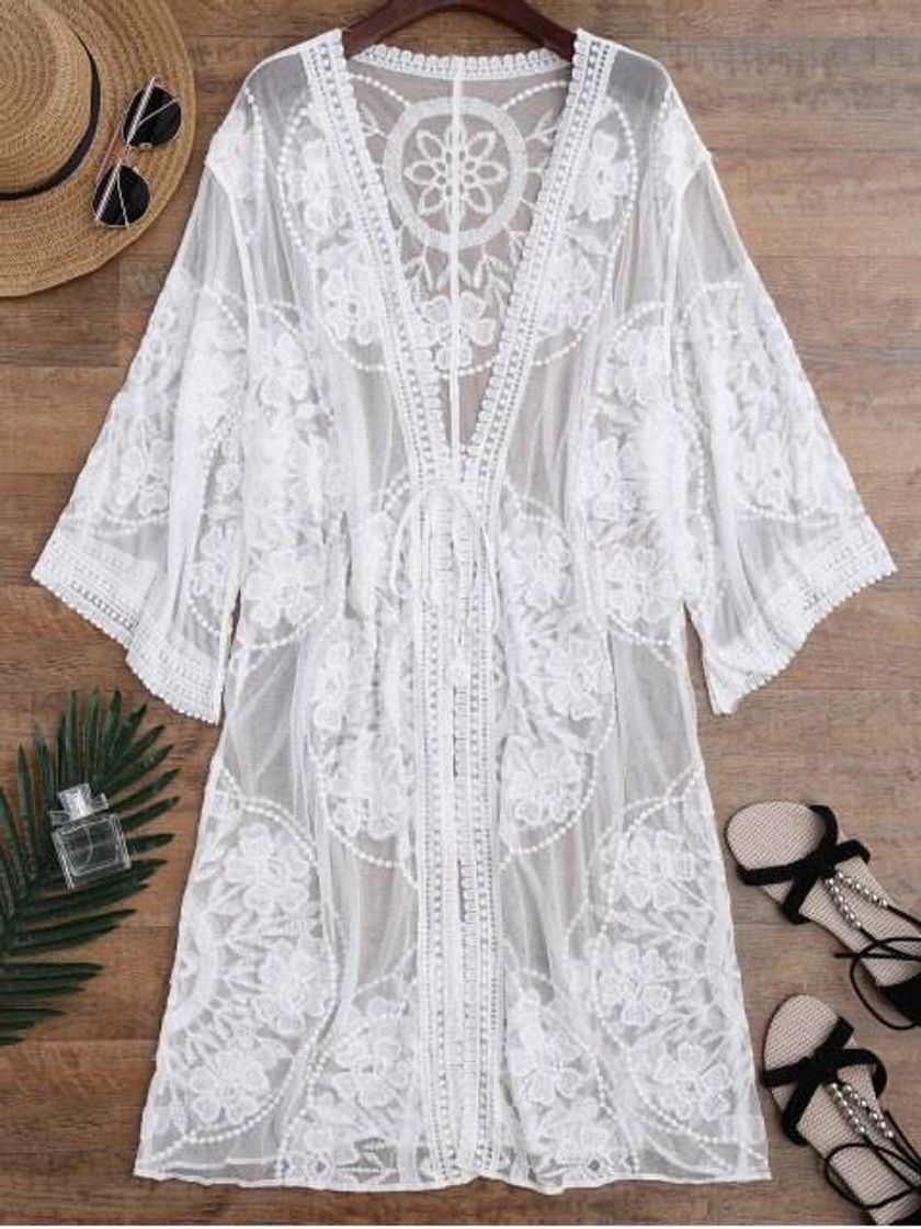 Product Sheer lace tie front kimono cover up