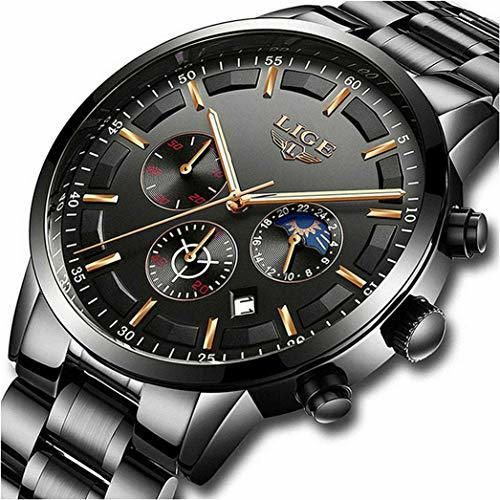 LIGE Relojes para Hombre Moda Acero Inoxidable Deportivo Analógico Reloj Cronógrafo Impermeable