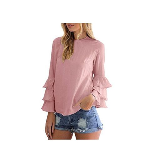 StyleDome Blusa Mangas Largas Camisa Camiseta Mujer Volante Elegante Oficina Casual Moda Rosa EU 36