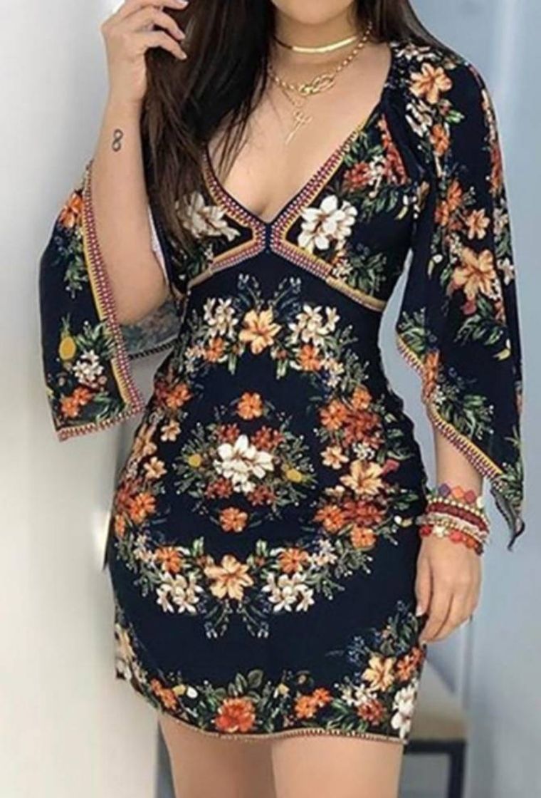 Moda Vestido floral de manga longa com decote V 