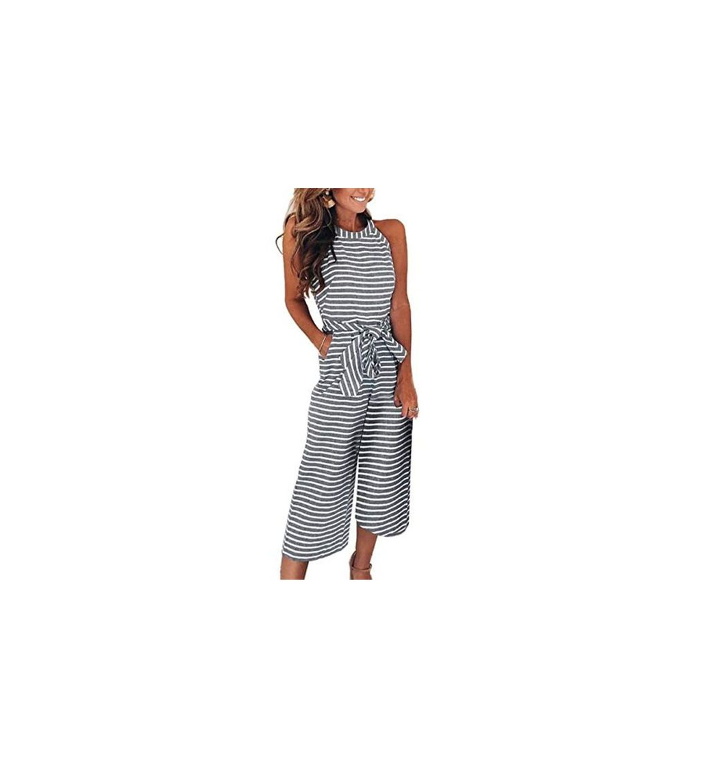 Social FeelinGirl Mujer Mono Raya Enterizo Pantalón Talle Alto con Cinturilla Negro L