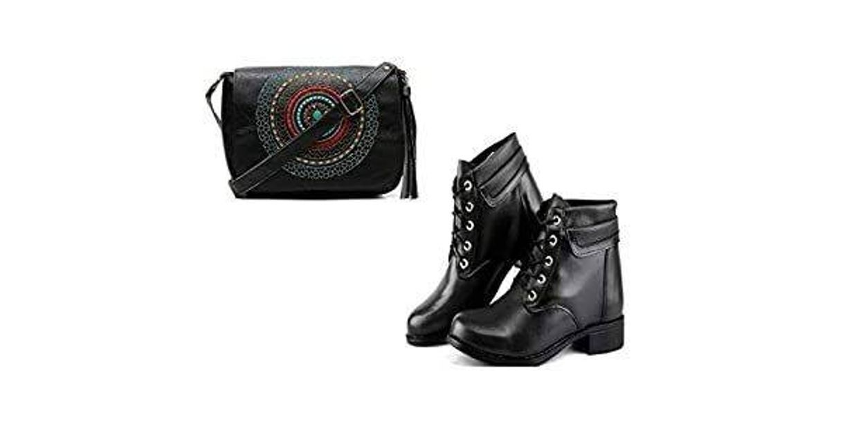 Fashion KIT BOLSA MANDALA + BOTA FEMININA CANO CURTO CADARÇO- PRETO 