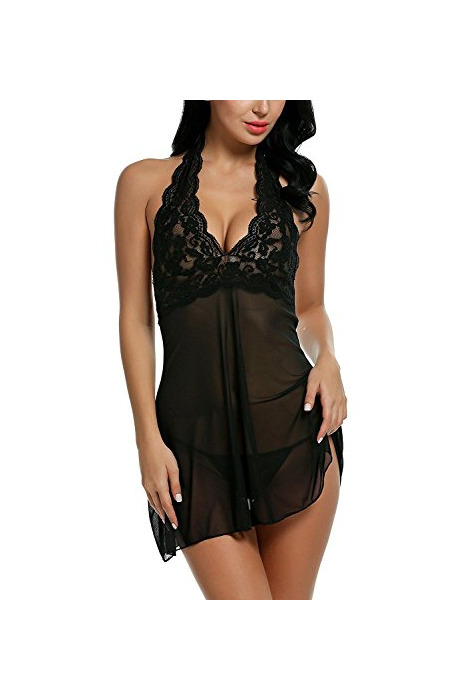Social Avidlove Mujer Babydoll Camisón de Encaje sin Espaldo Negro Talla-M