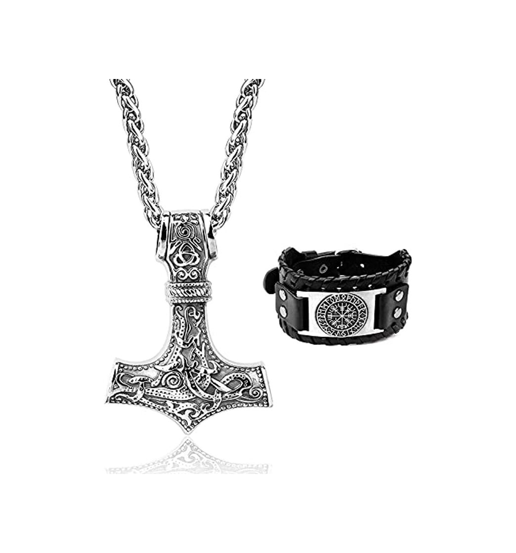 JeweBella Mjolnir Colgante Vikingo Pulsera Hombre Acero Inoxidable Colgante Martillo de Thor Pulsera Vikingos con Brújula Runas Nórdico Collar Vikingo Vikingos Joyería