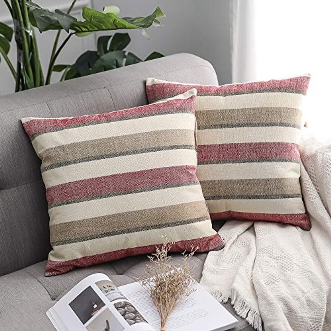 Productos MIULEE Fundas de Cojines Almohada Rayada Caso de la Cubierta del Amortiguador Decorativo Lino Duradero Decoración para Sofá Cama Coche Trigo 18"x18" 45x45 cm 2 Piezas Vino