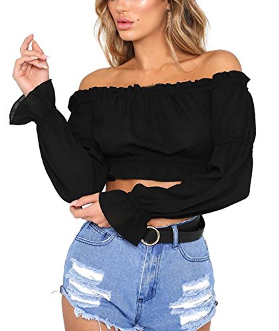 Producto OUFour Primavera y Otoño Crop Tops Mujeres Cuello Barco Camisetas de Manga Larga Blouses Slim Colores Lisos Camisas T Shirt Blusa