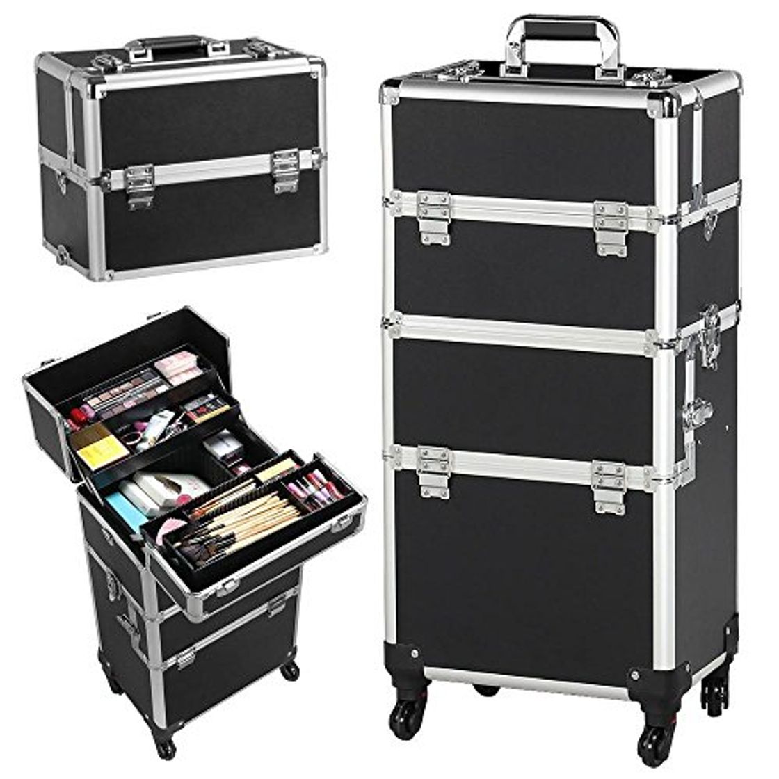 Product Yaheetech 3 en 1 Maleta de Maquillaje Estuche Cosmetico Maletín Maquillaje Profesional Trolley Beauty Case Negro