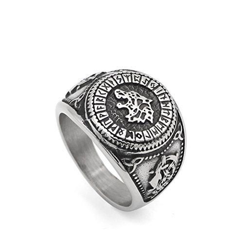 LoveInDec Men Norse Viking Odin's Wolf Rune Vantage Ring Stainless Steel with