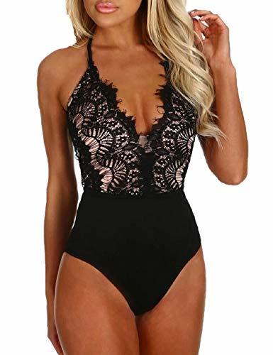 Moda SEBOWEL Women Eyelash Lace Bodysuit Sexy Halter V Neck Leotard Tops Blouse