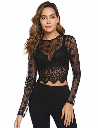 Fashion Abollria Corto Transparente Camisetas Mujer Cuello Redondo Camisa Sexy Top Manga Corta