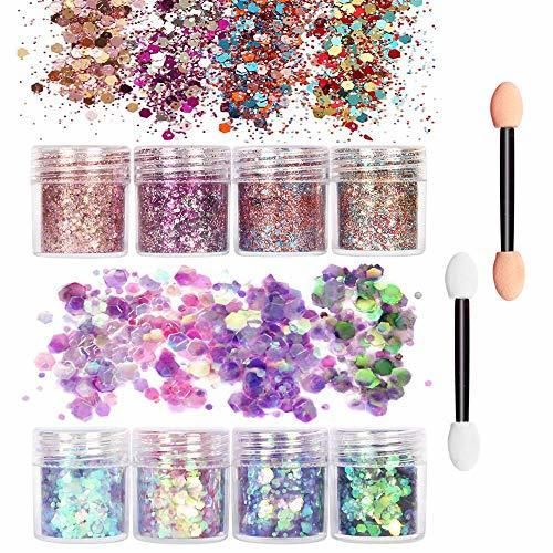 8 Mixta Colores Kit Glitter polvo de uñas 20 x Esponja de