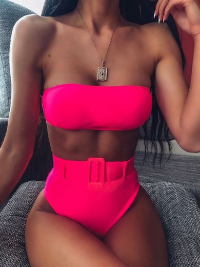 Neon Pink Buckle Belted Bandeau Bikini Swimsuit | SHEIN UK