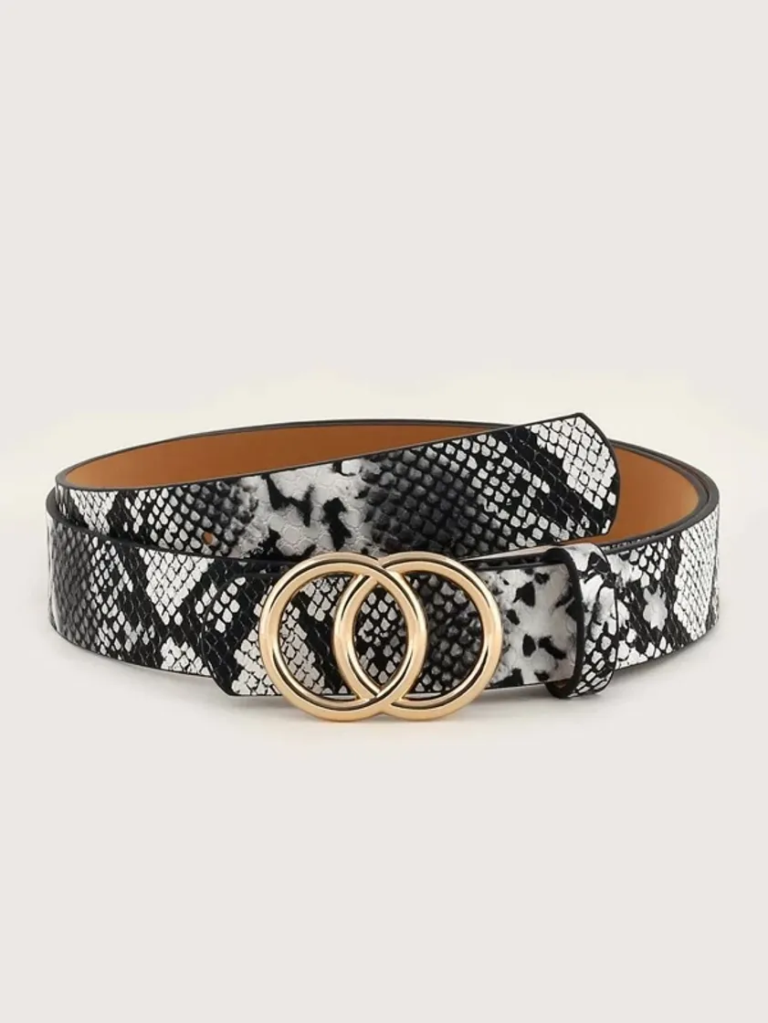 Snakeskin Pattern Double O-Ring Buckle Belt- shein