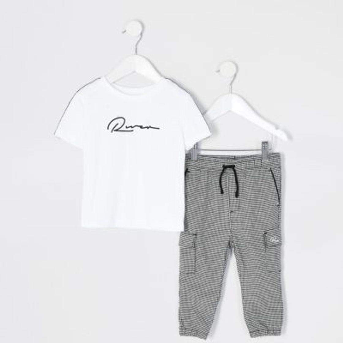 Social Mini boys white check tape t-shirt outfit | River Island