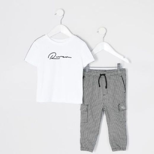 Mini boys white check tape t-shirt outfit | River Island