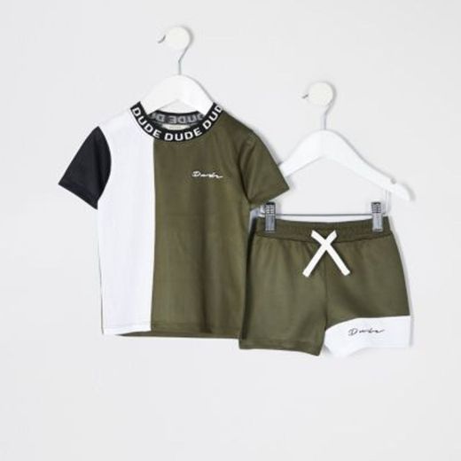 Mini Boys Khaki Colour Blocked Mesh Set | River Island