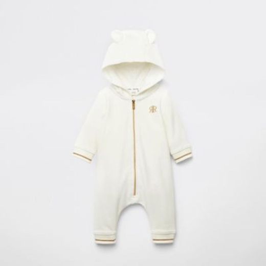 Baby cream velour bear all in one | River Island