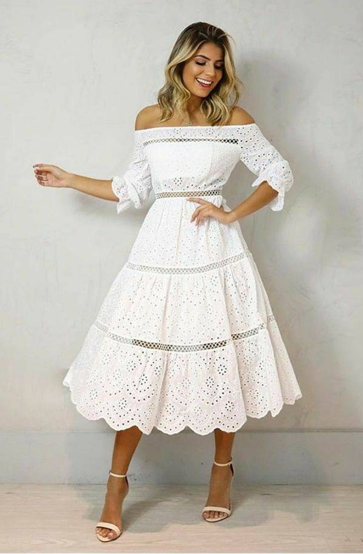 Fashion Vestido branco midi bordado