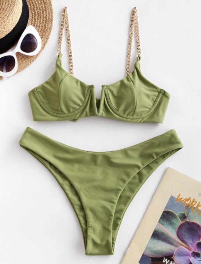 Fashion Chain Straps V Wired High Leg Bikini Swimsuit - Light Green