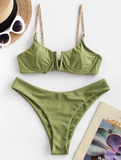 Chain Straps V Wired High Leg Bikini Swimsuit - Light Green