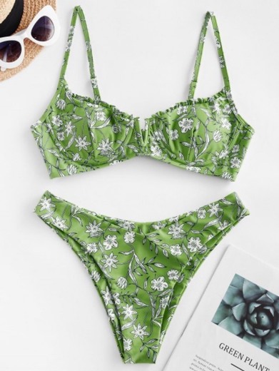 Floral V-wire Lettuce High Cut Bikini Swimsuit 