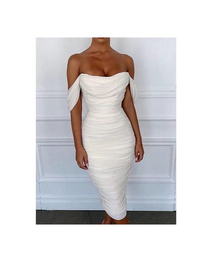White Mesh Ruched Off-the-Shoulder Dress