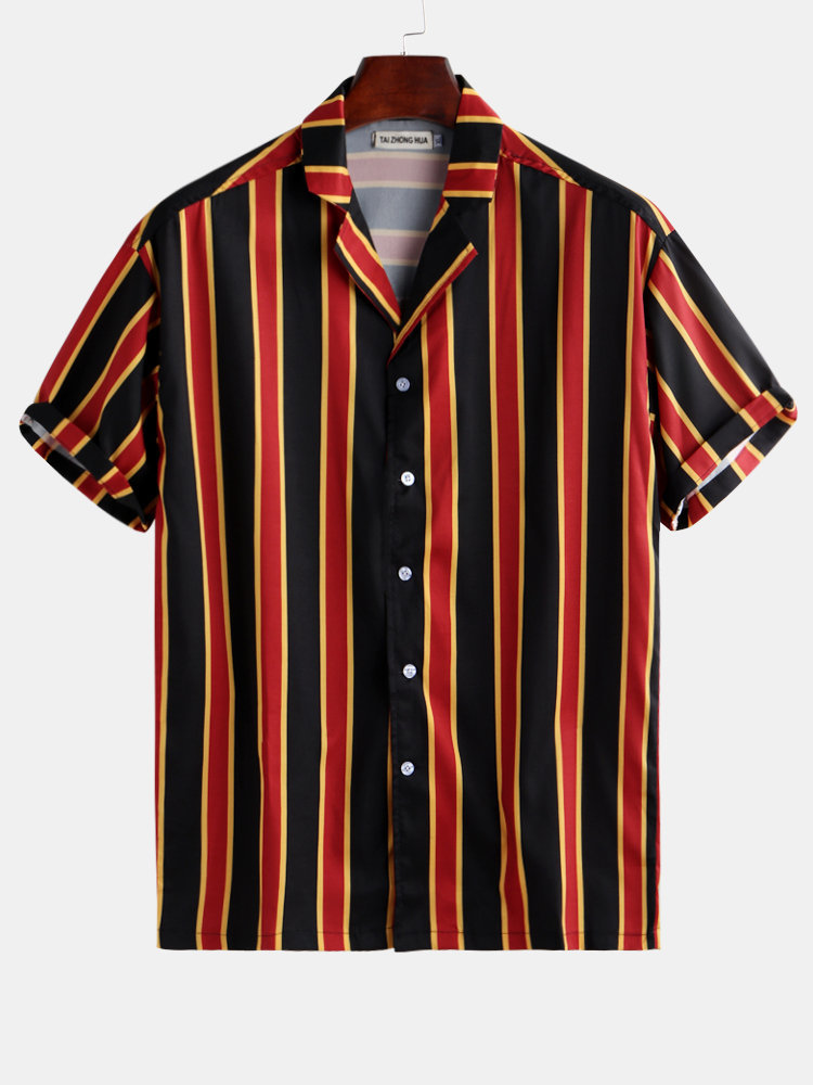 Social Vertical Stripe Loose Fit Short Sleeve Shirt