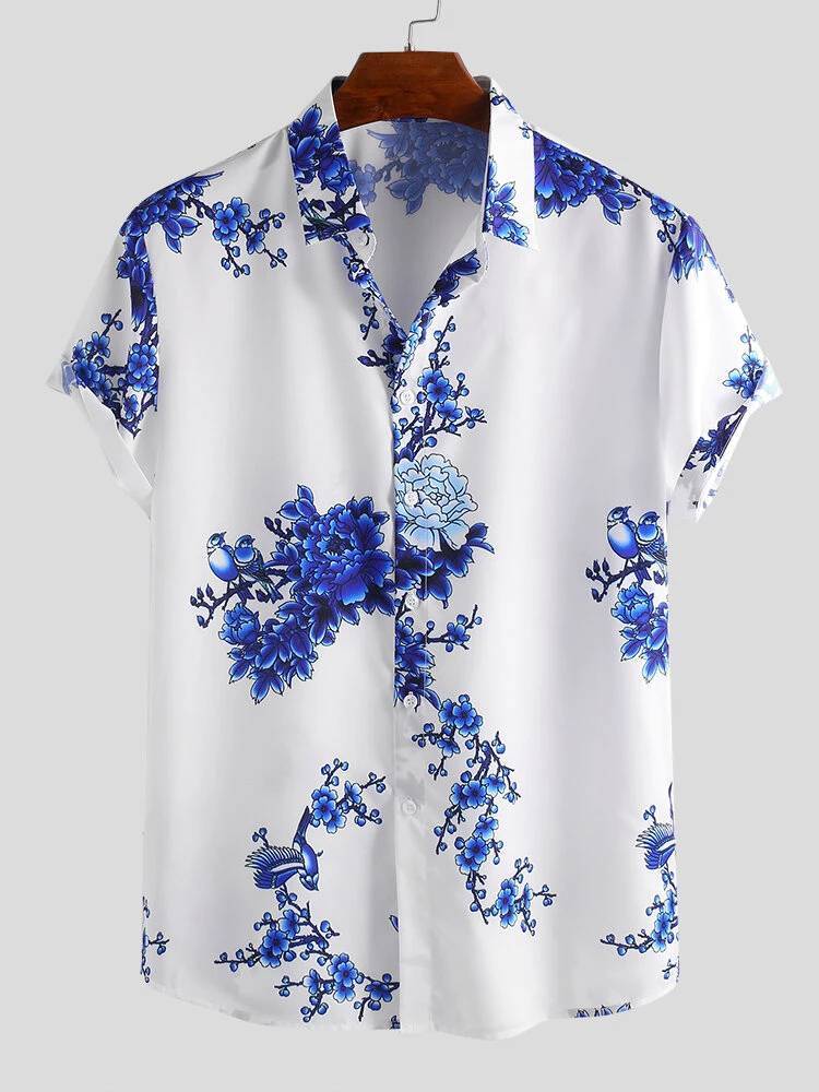 Social Porcelain Floral Printed Short Sleeve Turn Down Collar Shirt