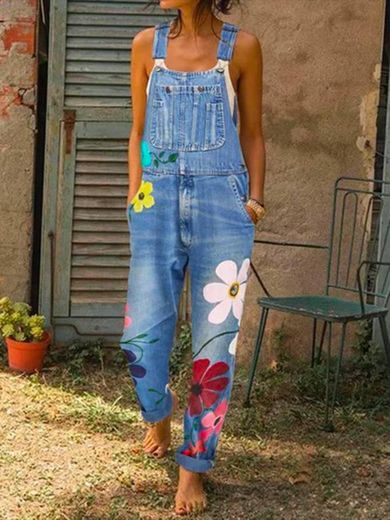 Women Summer Sleeveless Denim Floral-Print Jumpsuit