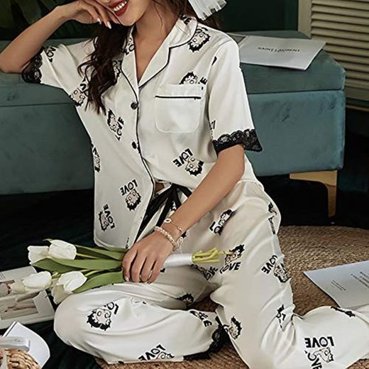 Cxraiy-HO Pijama de La Mujer Simulación Pijamas de Seda de Manga Corta