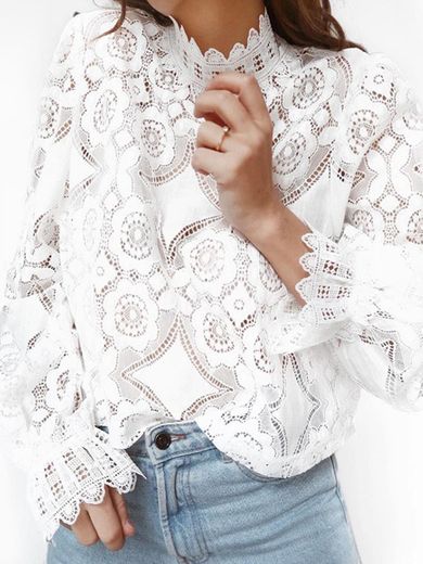 Blusa de Encaje de Moda para Mujer Cárdigan Camisa Camisa de Ganchillo