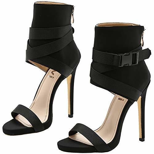 vivianly Women's High Heel Pointed Open Toe Stiletto Ankle Buckle Strap Zip