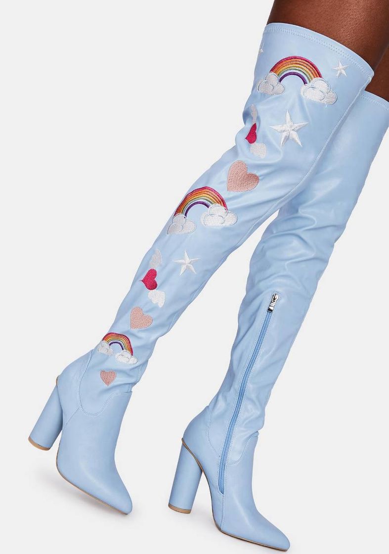 Moda Koi Footwear Light Blue Rainbow Heart Thigh High Boots | Dolls Kill