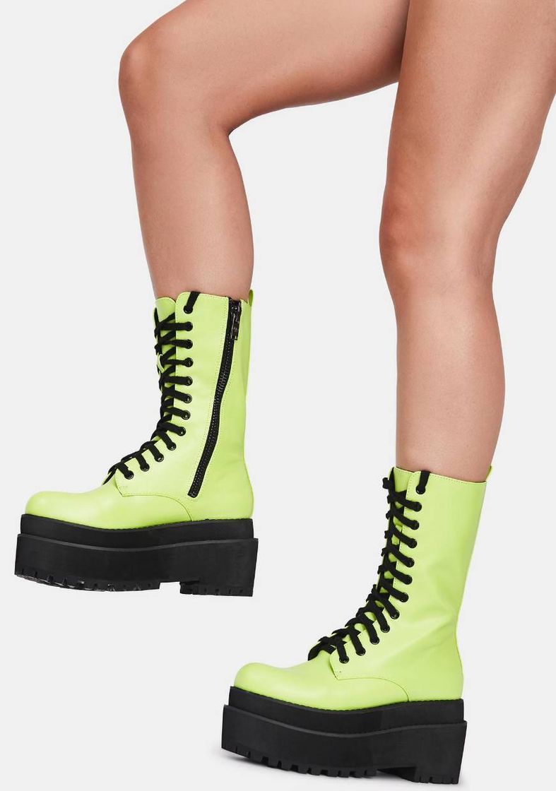 Moda Current Mood Neon Platform Combat Boots - Yellow | Dolls Kill