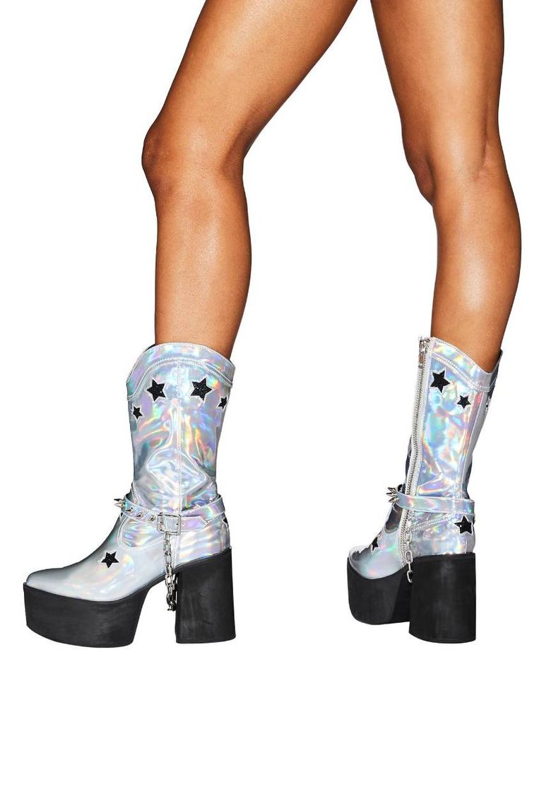 Moda Club Exx Holographic Platform Cowboy Boots - Silver | Dolls Kill