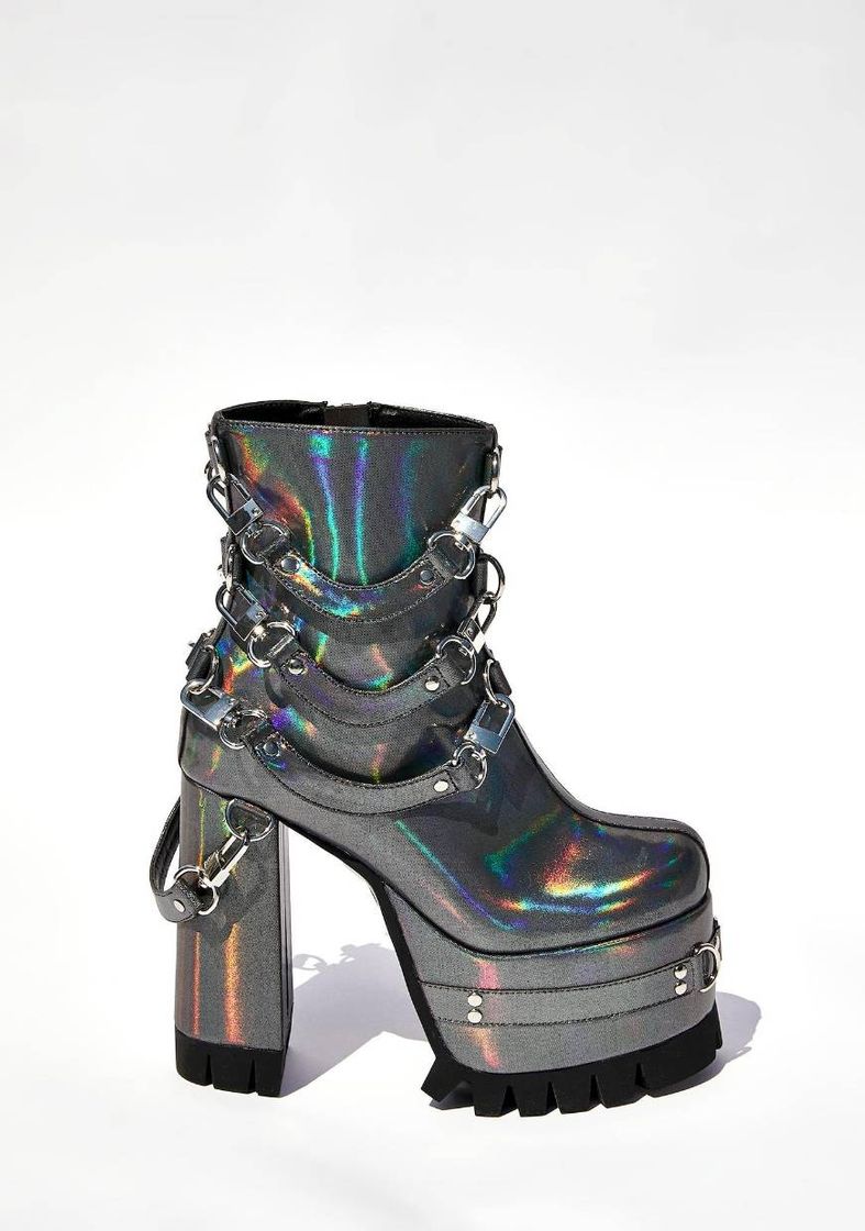 Fashion Current Mood Holographic Harness Platform Boots - Silver | Dolls Kill