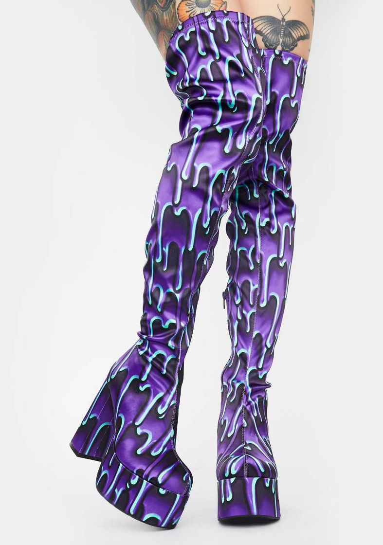 Fashion Club Exx Slime Print Thigh High Boots - Purple Green | Dolls Kill