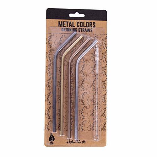 Social Helio Ferretti. Set de pajitas metálicas reutilizables. 4 piezas de acero inoxidable