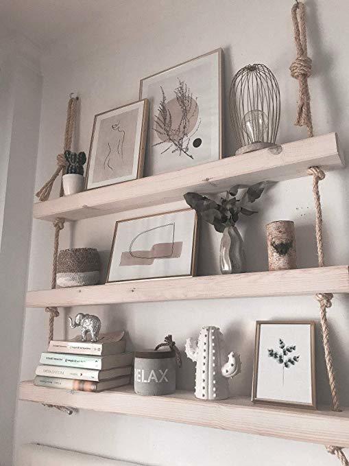 Social Hannun Estantería de Pared Makemba/Estantería de Madera Maciza y Cuerdas de Cáñamo